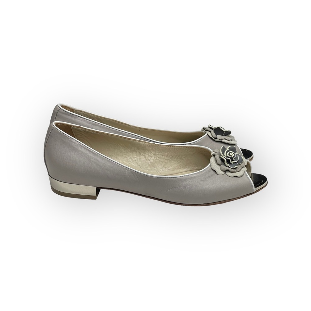 R & Renzi ❁ Mirror Peep Toe Flats with Camellia ❁ Silver Graphite ❁ 38 7.5M 8M ❁ - Picture 2 of 16